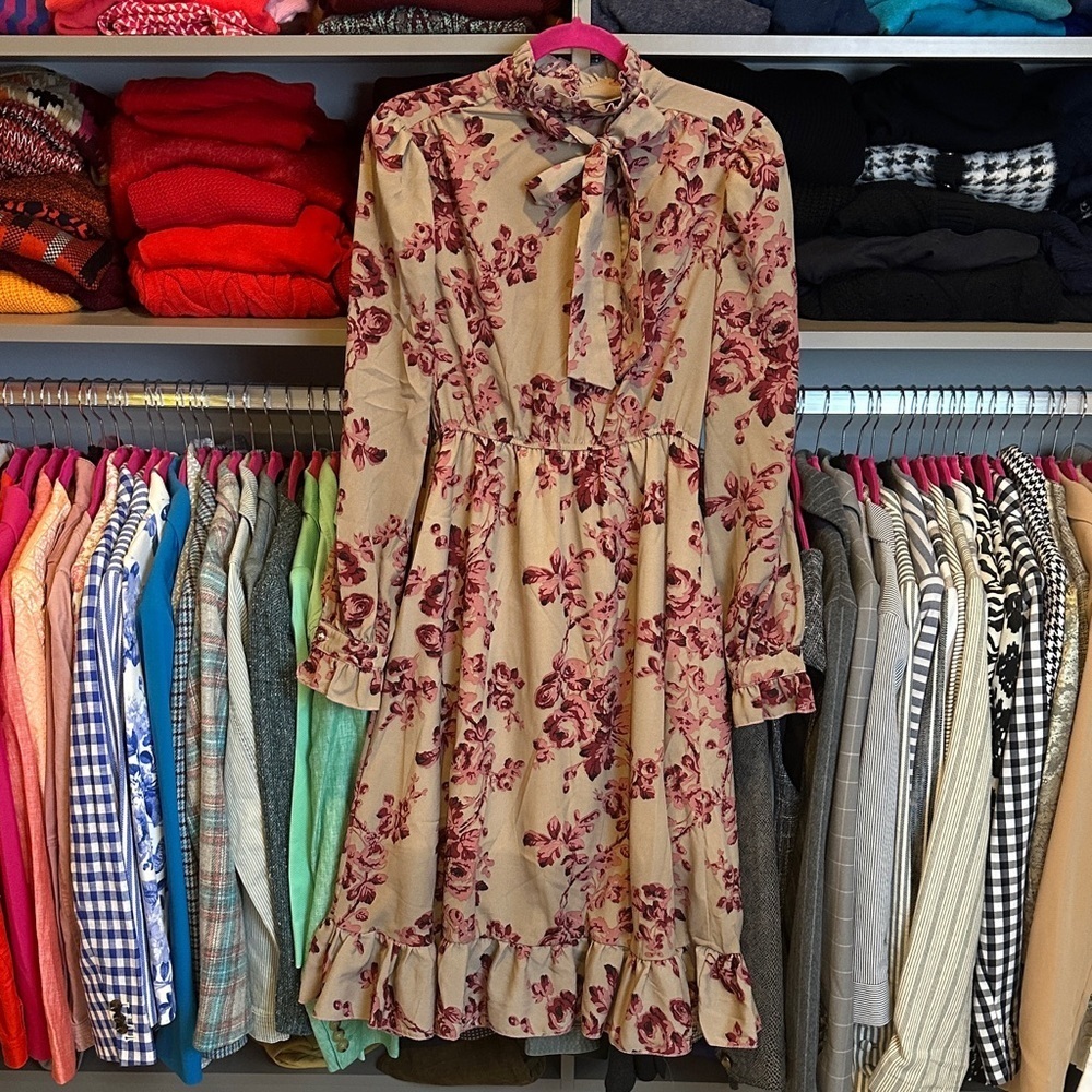 SHEIN tan/pink long sleeve mock neck front tie back button closure dress size S